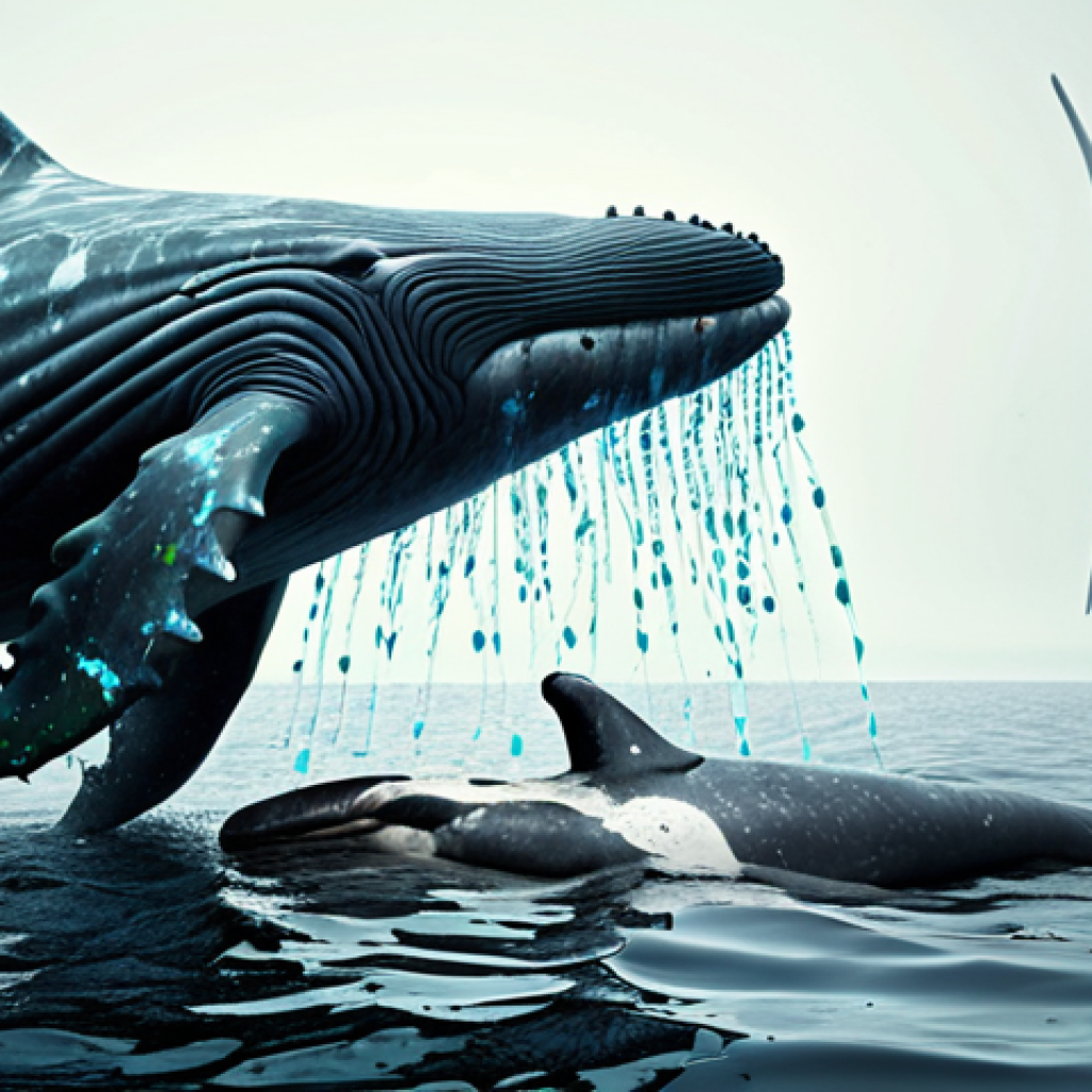 Underwater Noise Pollution**

"Underwater scene depicting a distressed whale calf separated from its mother, surrounded by the blurred, abstract shapes of offshore wind turbine foundations emitting sound waves. Emphasize the disruption of marine mammal communication with murky water and a sense of disorientation."

**