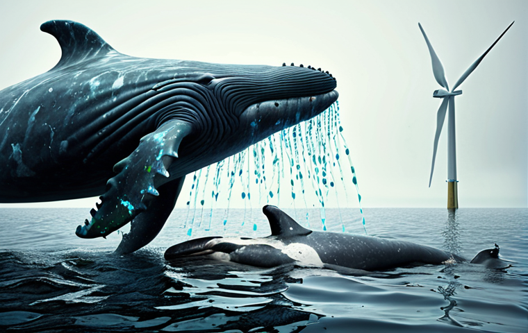 Underwater Noise Pollution**

"Underwater scene depicting a distressed whale calf separated from its mother, surrounded by the blurred, abstract shapes of offshore wind turbine foundations emitting sound waves. Emphasize the disruption of marine mammal communication with murky water and a sense of disorientation."

**