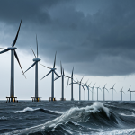 **

A dramatic, wide shot of an offshore wind farm in the Baltic Sea. The wind turbines are visibly reinforced with thick, deep concrete foundations extending into the stormy sea. Focus on the base of the turbines battling against waves. Use a color palette of blues, greys, and whites to emphasize the harsh environment.

**