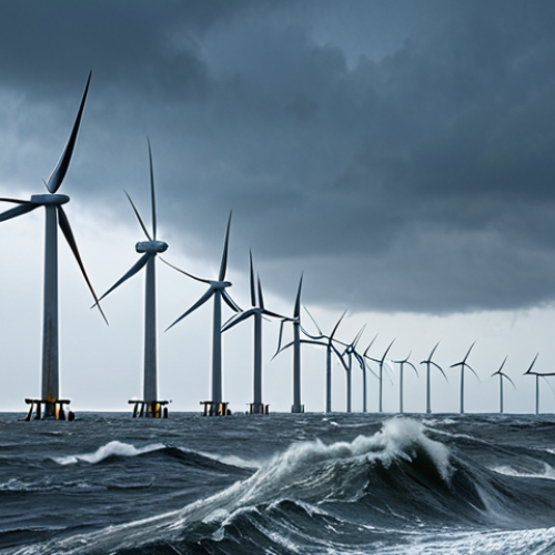 Home 14 **
A dramatic, wide shot of an offshore wind farm in the Baltic Sea. The wind turbines are visibly reinforced with thick, deep concrete foundations extending into the stormy sea. Focus on the base of the turbines battling against waves. Use a color palette of blues, greys, and whites to emphasize the harsh environment.
**