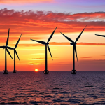 Offshore wind farm at sunset, turbines silhouetted against a colorful sky, demonstrating clean energy.