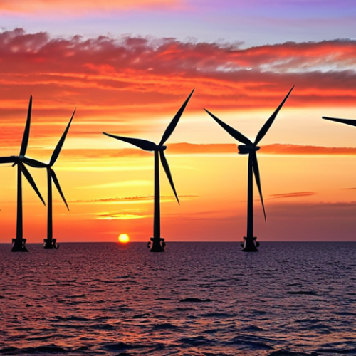 Home 7 Offshore wind farm at sunset, turbines silhouetted against a colorful sky, demonstrating clean energy.