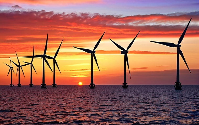 Offshore wind farm at sunset, turbines silhouetted against a colorful sky, demonstrating clean energy.